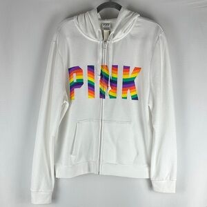 PINK Victoria’s Secret White Rainbow Full Zip Sweater Hoodie XL NWT